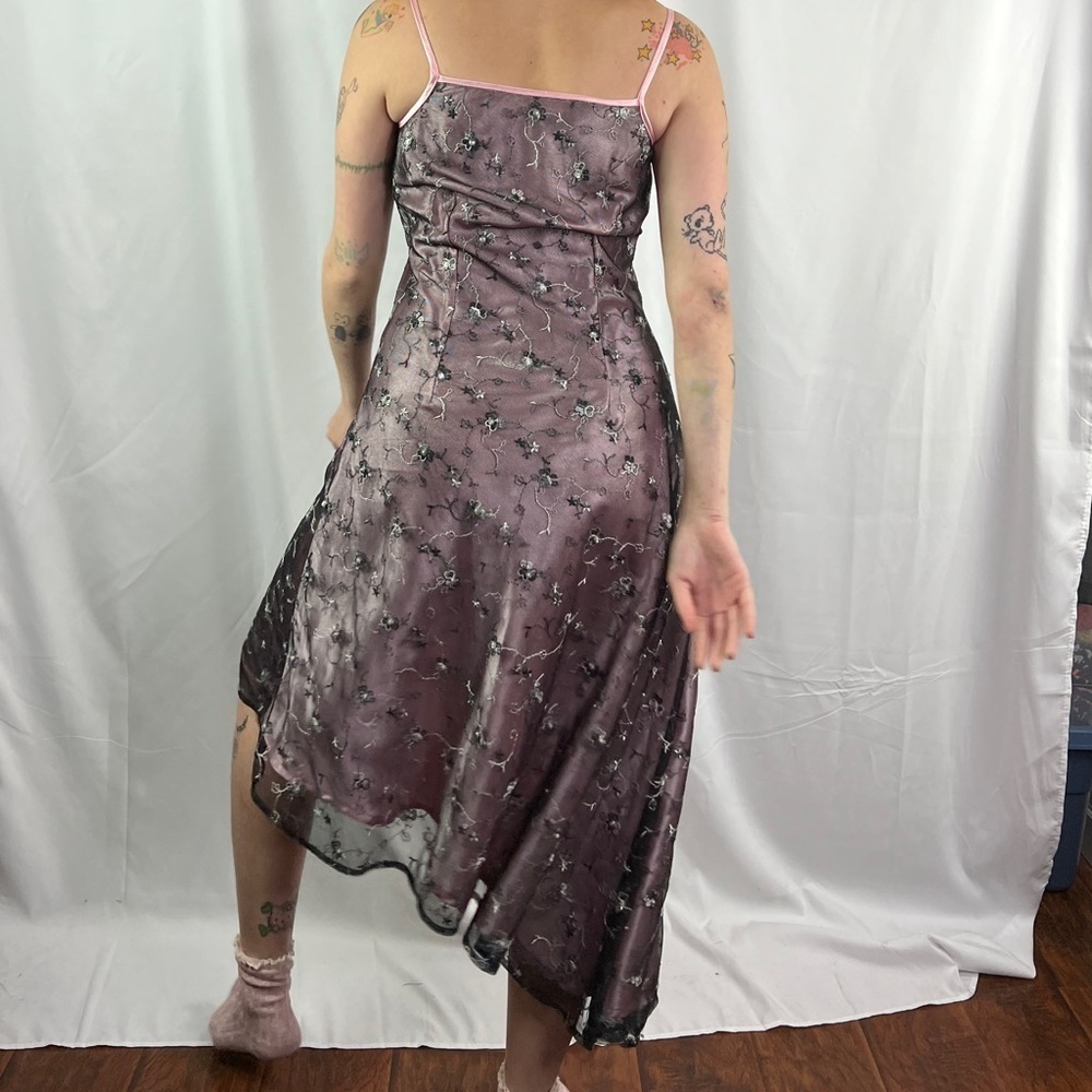 Beautiful Pink Gown with Black Mesh,  Pink Floral Appliques and Asymmetrical Hem - Picture 4 of 11